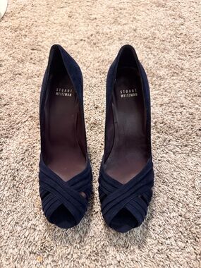 Stuart Weitzman Navy Suede Crisscross Peep-Toe Heels
